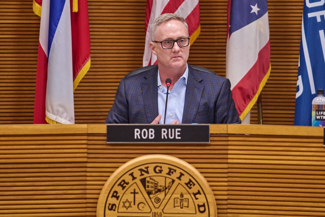 Springfield, Ohio Mayor Rob Rue speaks to residents during a town hall about the 2024 presidential election