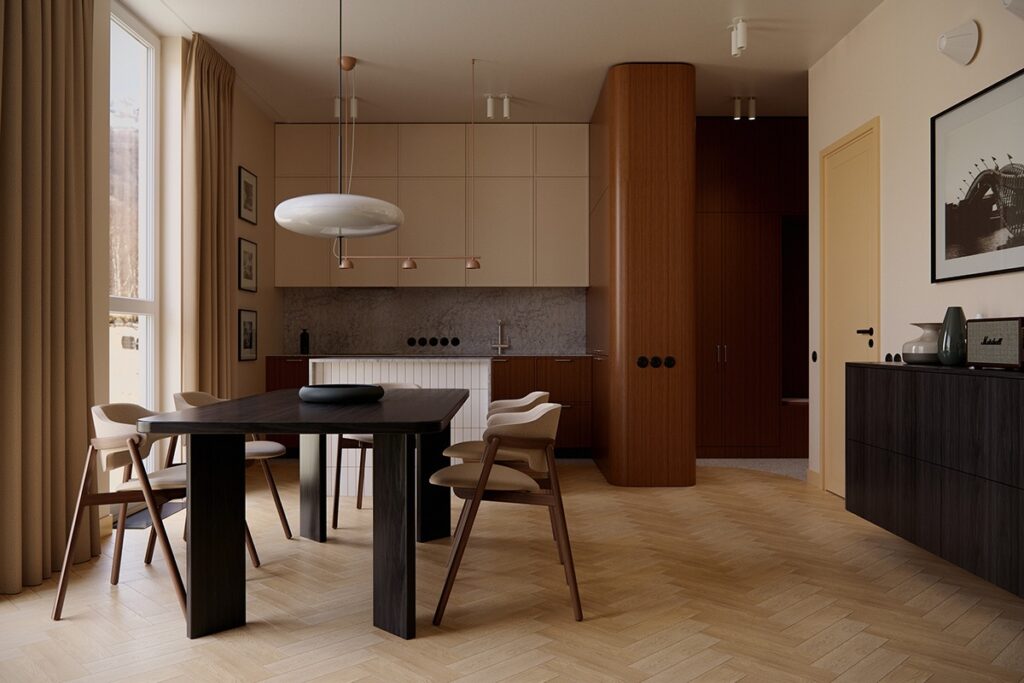 beige interior with dark wooden table