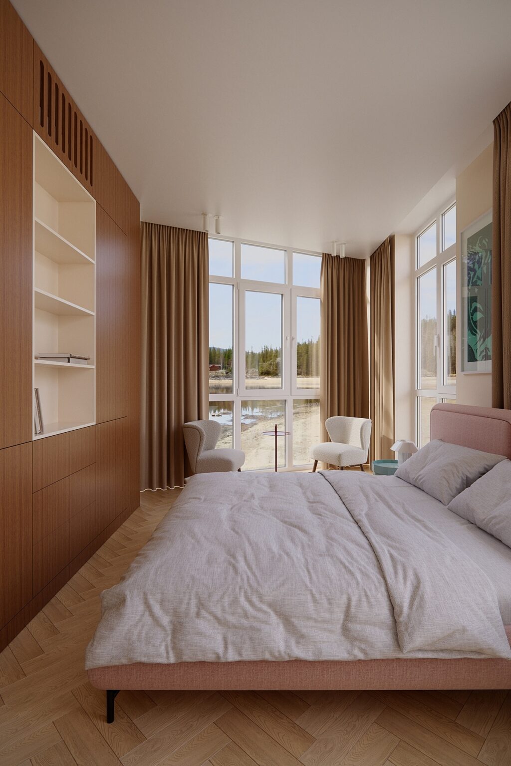 compact bedroom with large windows