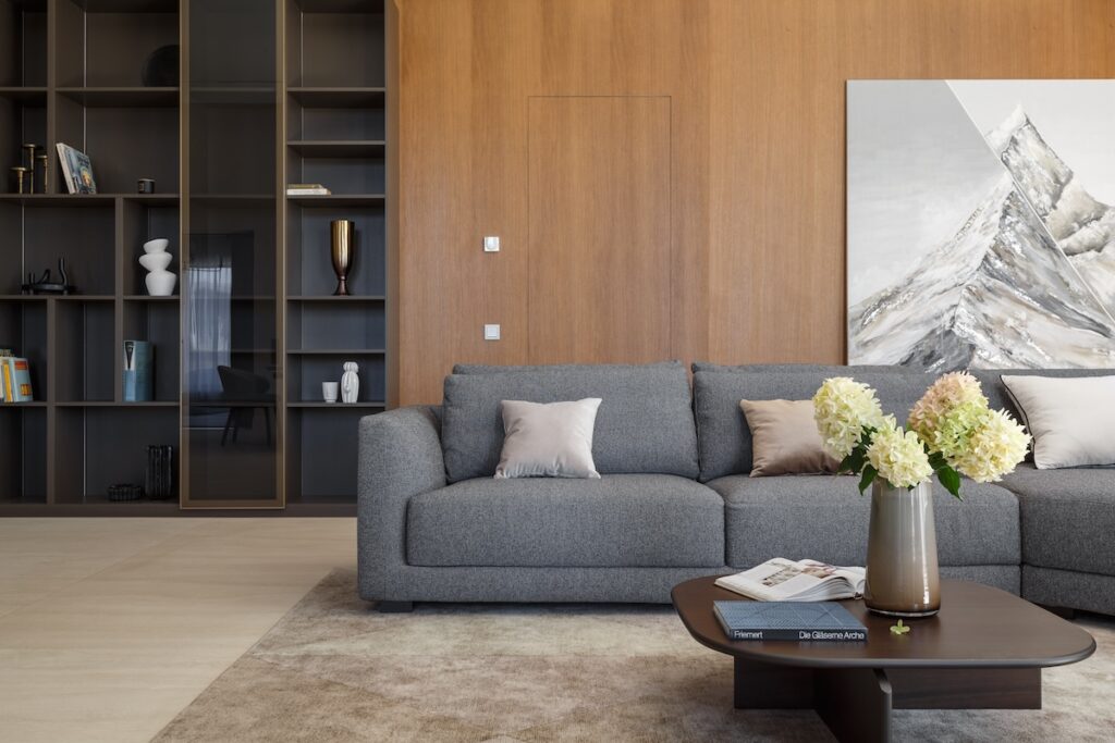 cozy living room with grey couch