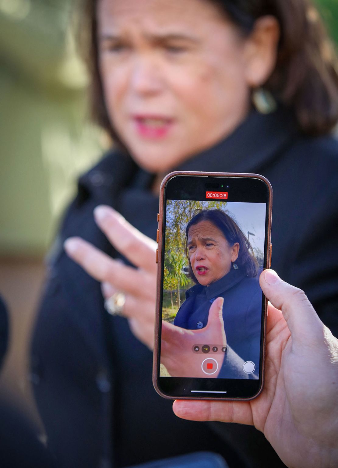 Sinn Fein President Mary Lou McDonald speaks to the media in her Dublin constituency on November 25, 2024.