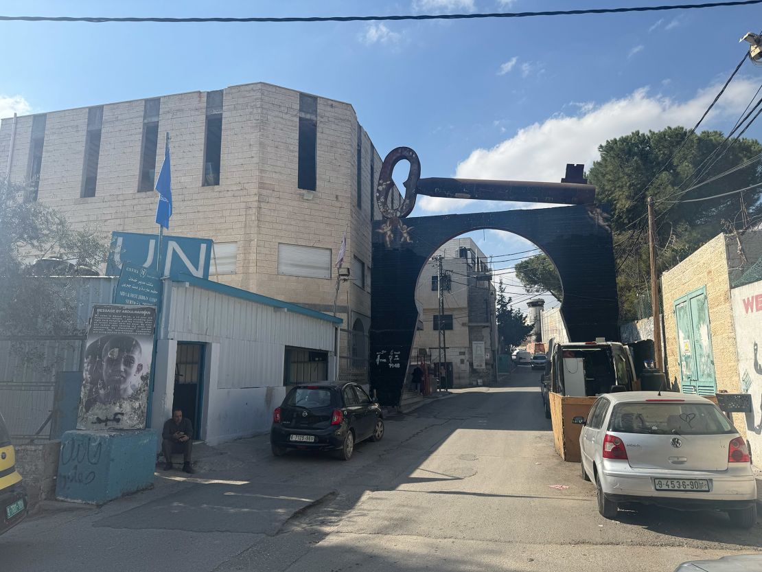 The entrance to Aida Refugee Camp, near Bethlehem, in the occupied West Bank. Above the entrance to the camp is a key, symbolizing the Palestinians