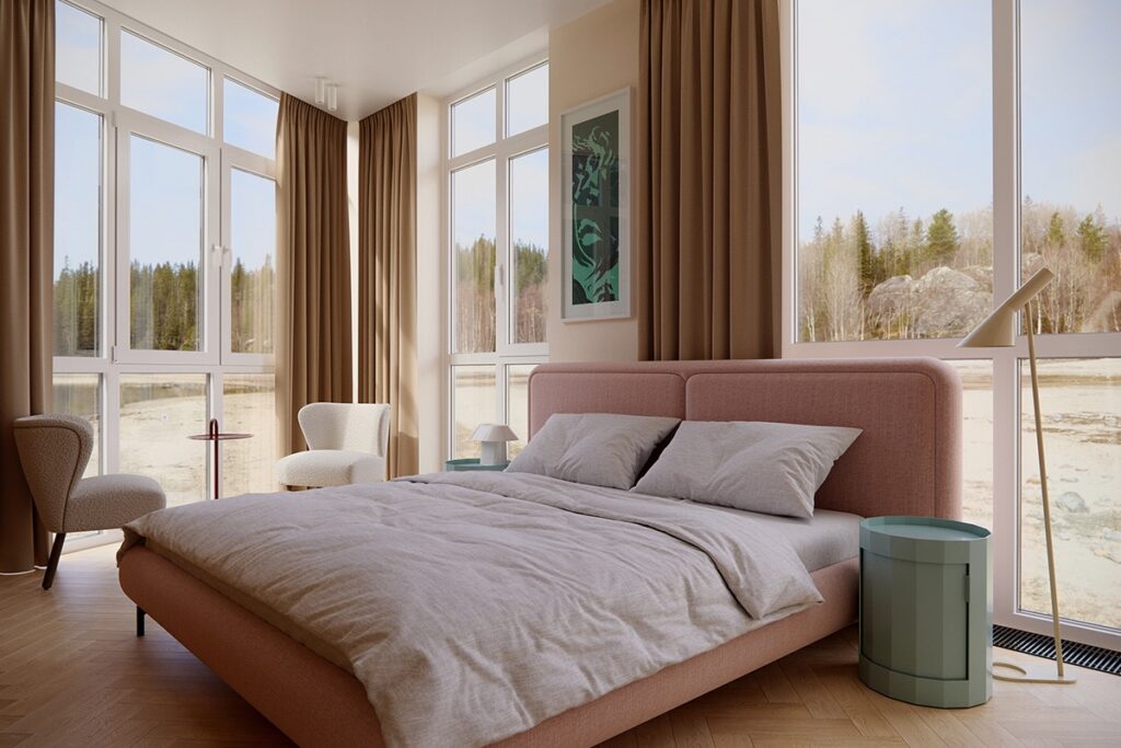 modern minimalist room with light pink bed