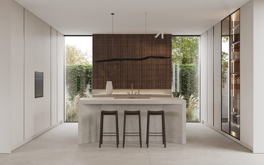 open kitchen with textured wall and glass