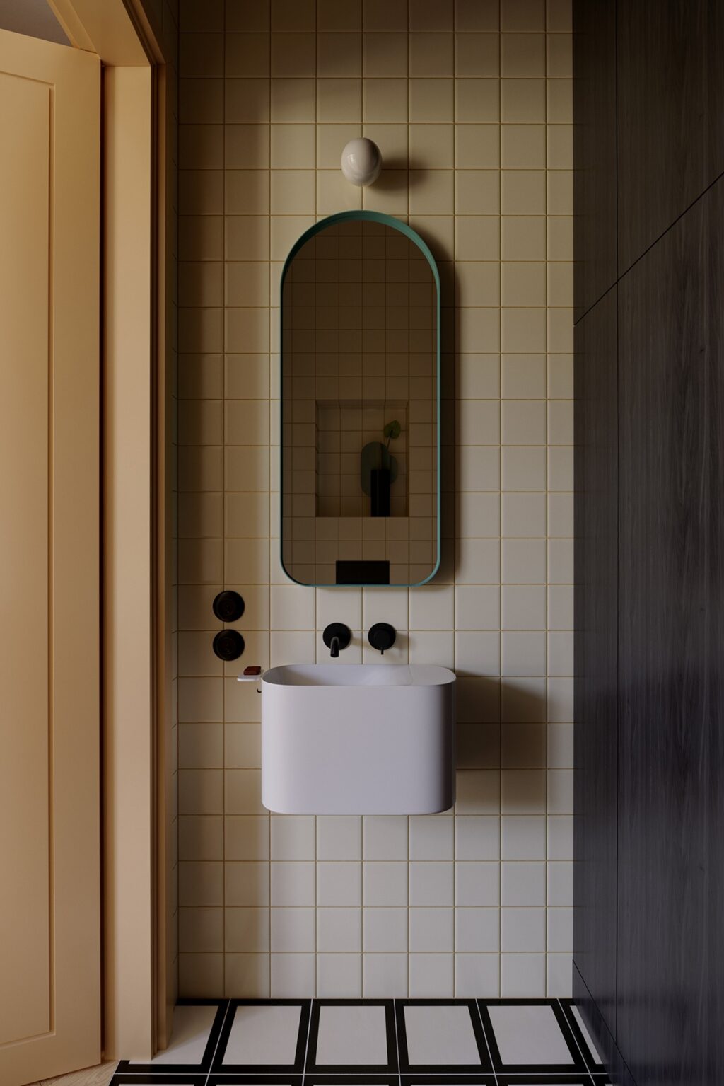 sleek bathroom with sink and longitudinal mirror