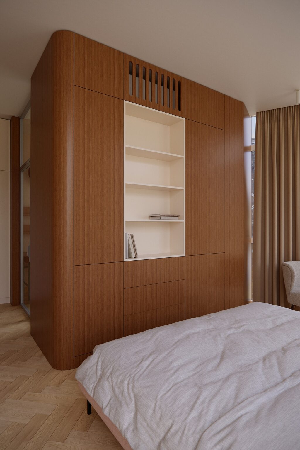 sleek wooden cabinets in bedroom