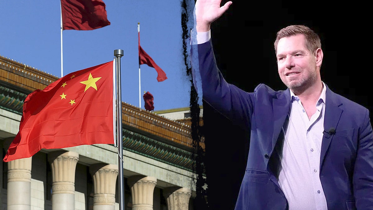 Rep Eric Swalwell and chinese flag split image